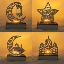 eid mubarak led light star and moon pendant wooden candle light for ramadan home decor