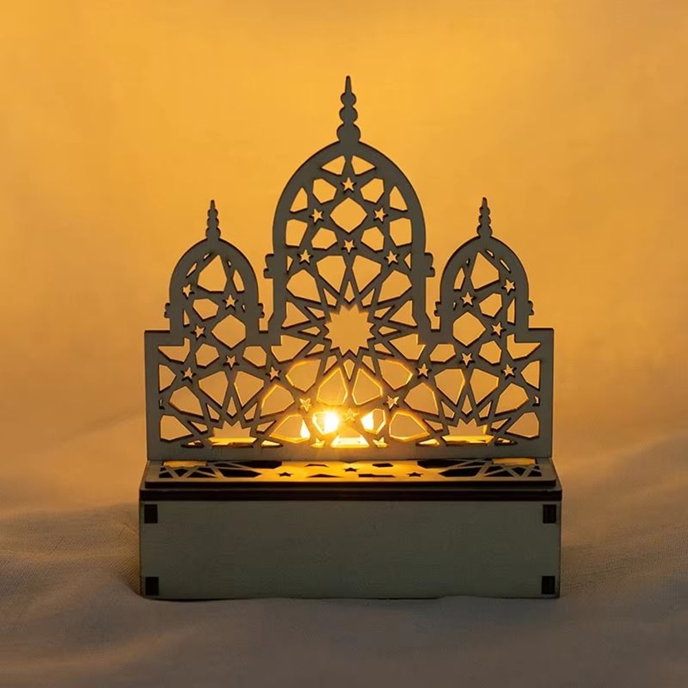 Eid Mubarak LED Light Star And Moon Pendant Wooden Candle Light For Ramadan Home Decor 1