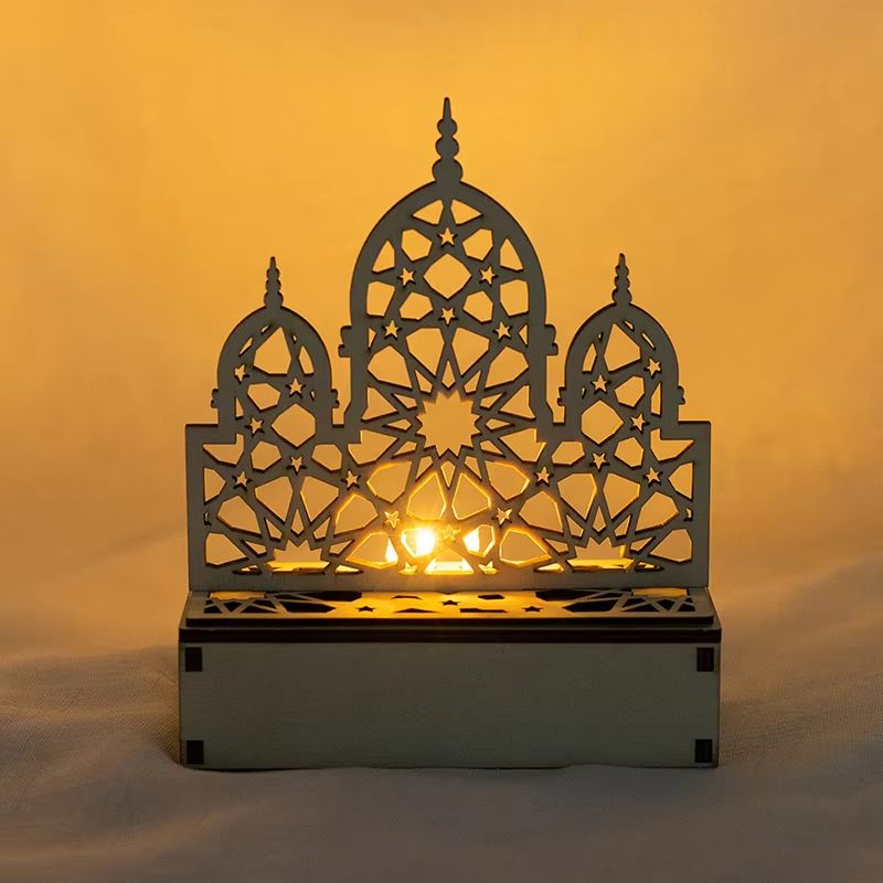 Eid Mubarak LED Light Star And Moon Pendant Wooden Candle Light For Ramadan Home Decor 1