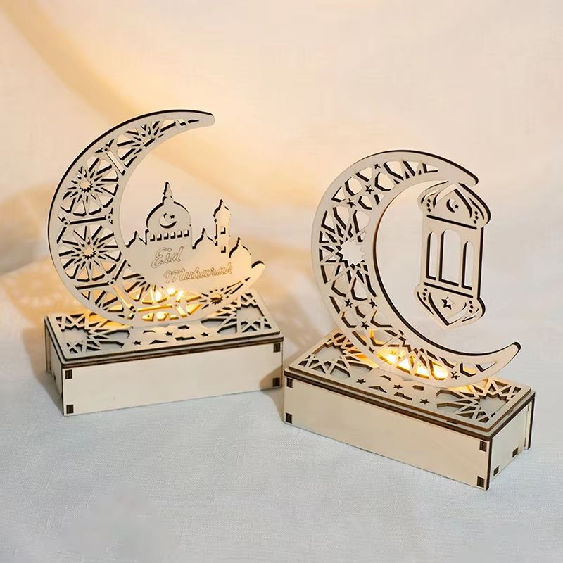 Eid Mubarak LED Light Star And Moon Pendant Wooden Candle Light For Ramadan Home Decor 2