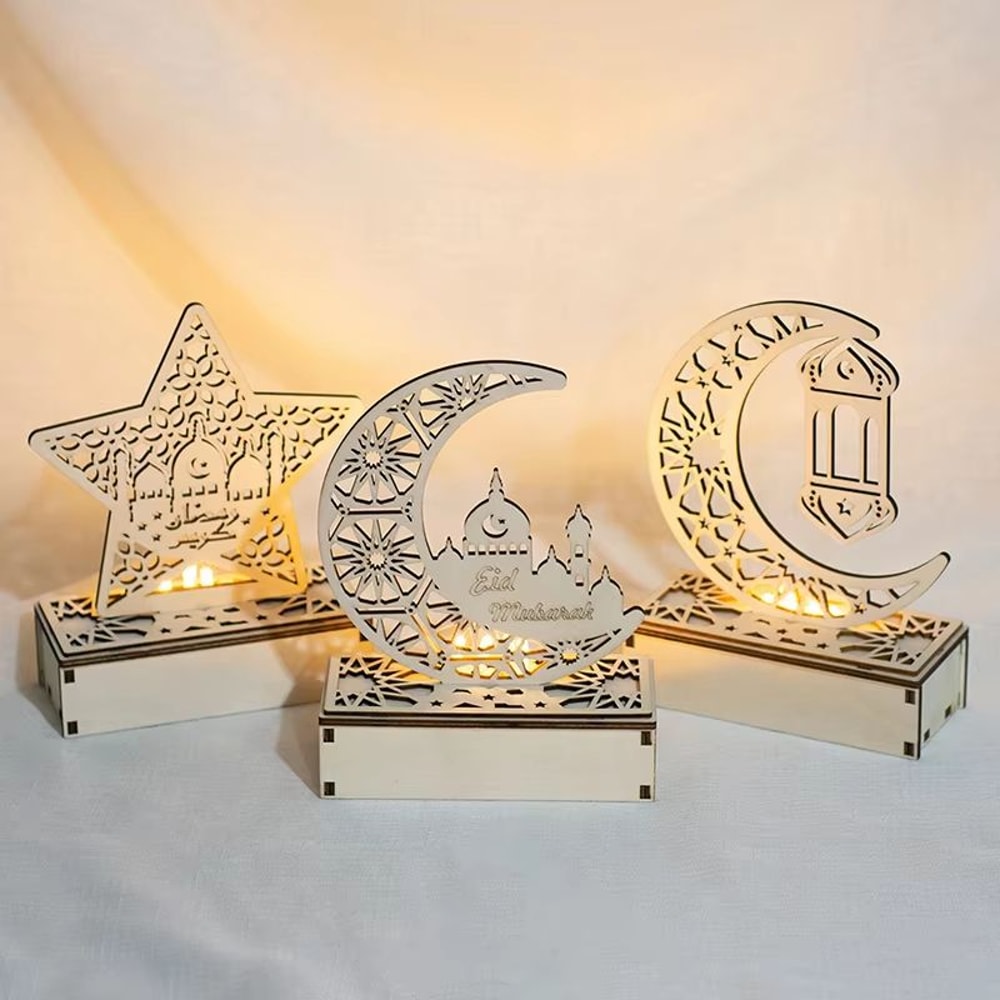 Eid Mubarak LED Light Star And Moon Pendant Wooden Candle Light For Ramadan Home Decor 3