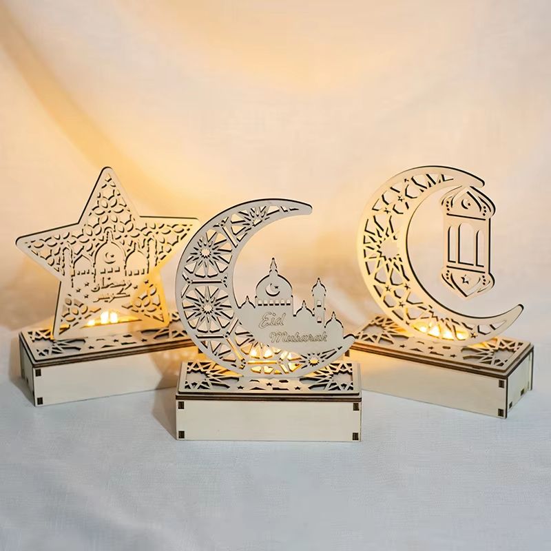 Eid Mubarak LED Light Star And Moon Pendant Wooden Candle Light For Ramadan Home Decor 3