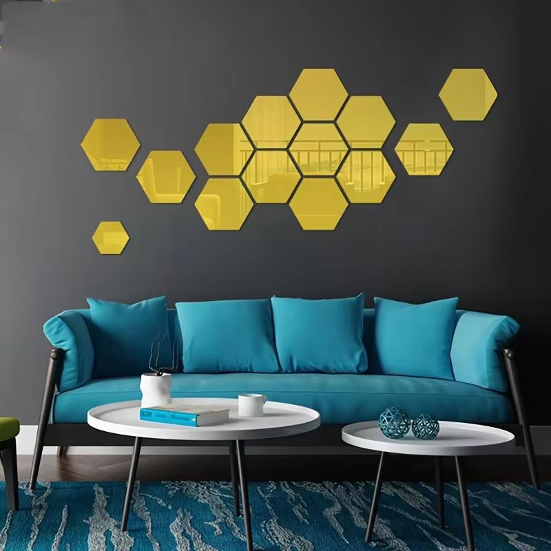 12Pcs Hexagon Acrylic Mirror 3D Wall Sticker For Living Room And Home Decoration 0