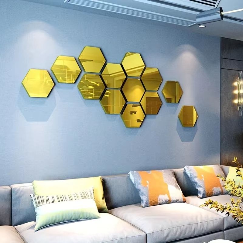 12Pcs Hexagon Acrylic Mirror 3D Wall Sticker For Living Room And Home Decoration 1