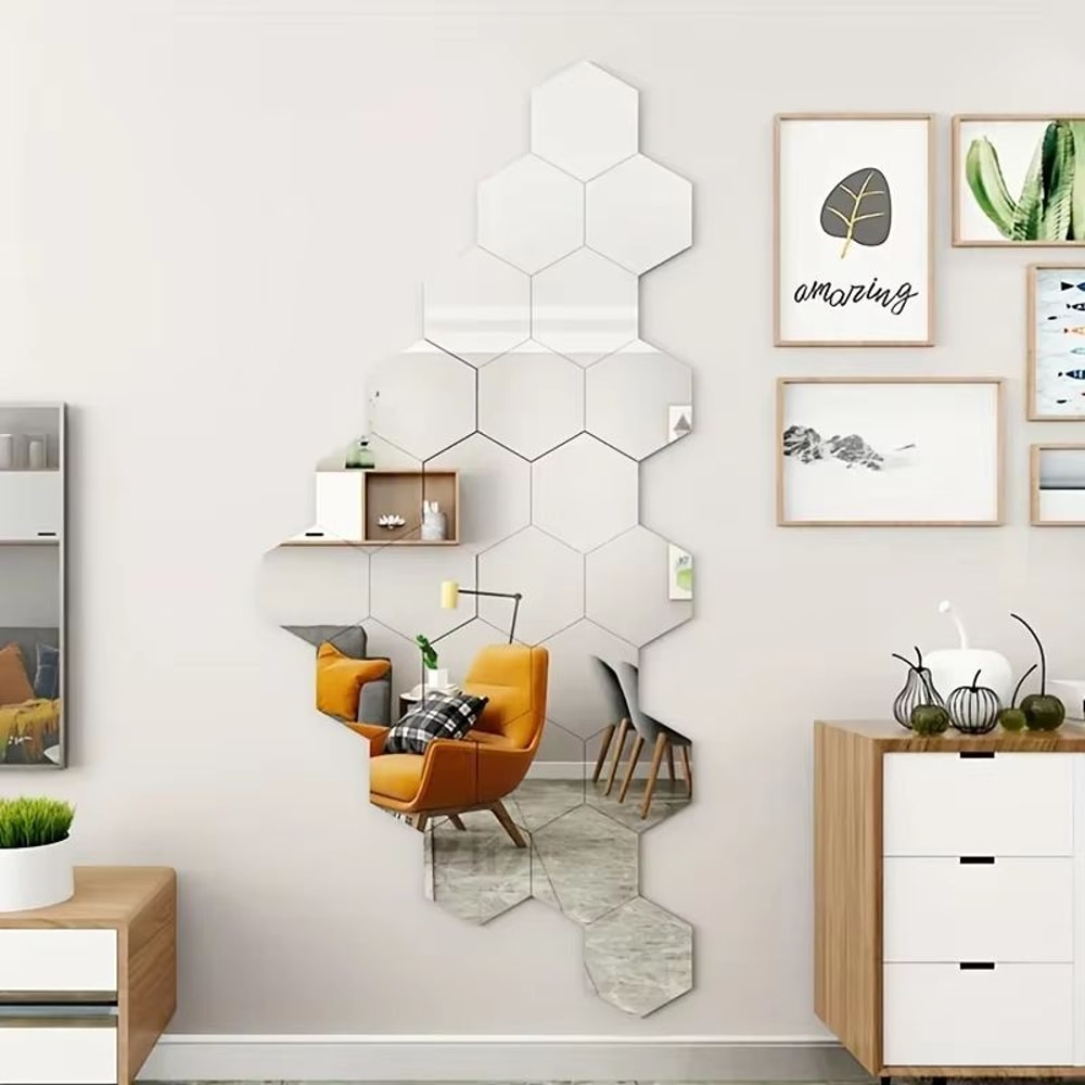 12Pcs Hexagon Acrylic Mirror 3D Wall Sticker For Living Room And Home Decoration 3