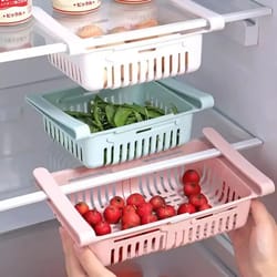 adjustable stretchable refrigerator storage basket for organizing food and drinks