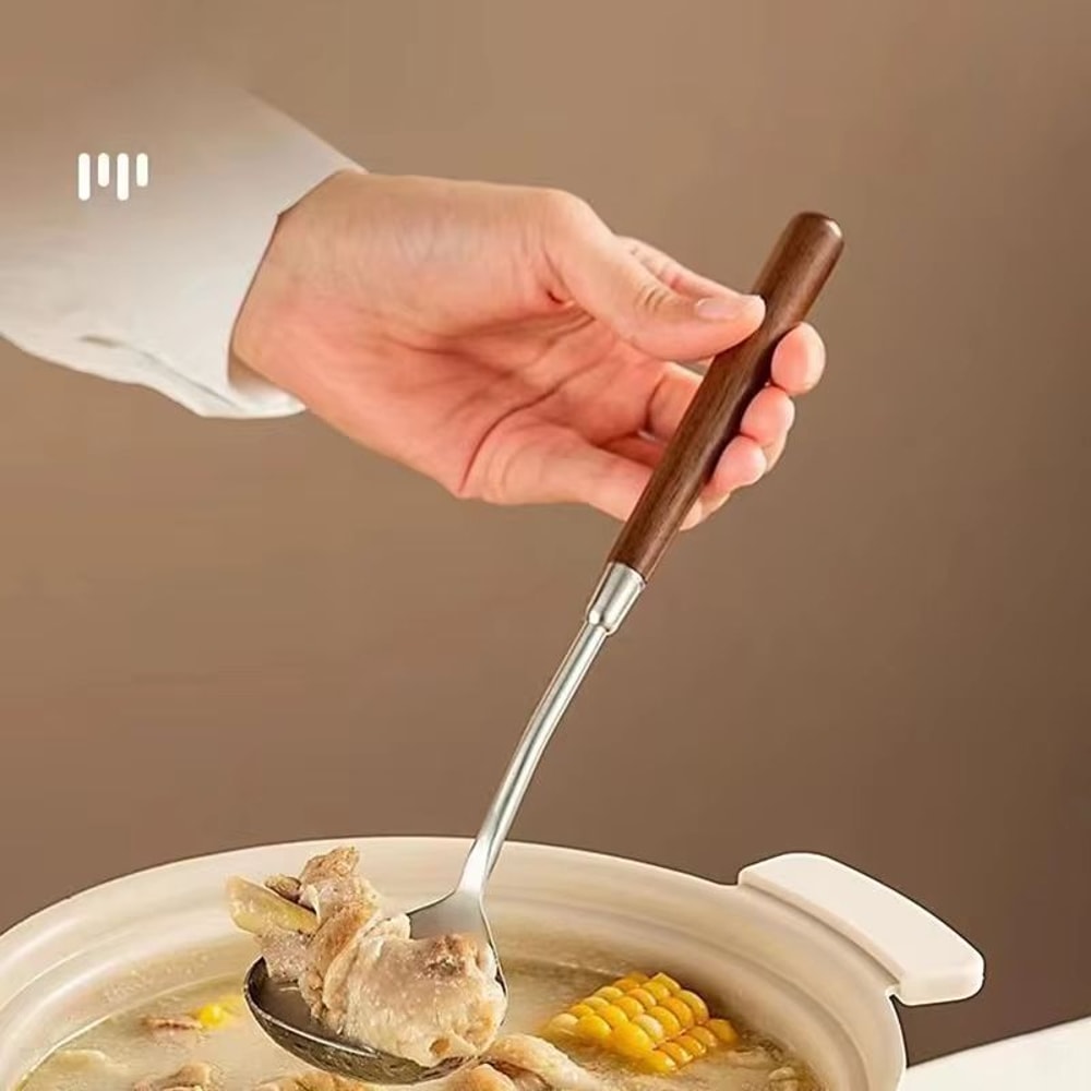 Stainless Steel Soup Ladle With Wooden Long Handle Hot Pot And Porridge Serving Scoop 3