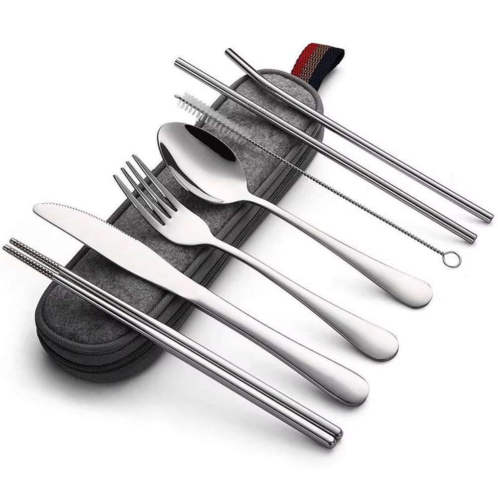 Stainless Steel Travel Cutlery Set In Case Reusable Portable Camp Utensil Set For Picnic Work And T 7
