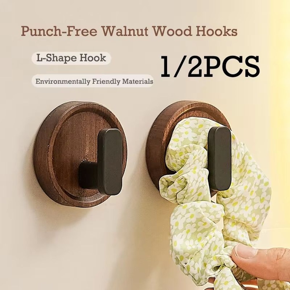 PunchFree Walnut Wood Wall Hooks Circular Coat Key And Towel Hook Organizer For Bathroom Kitchen An 0