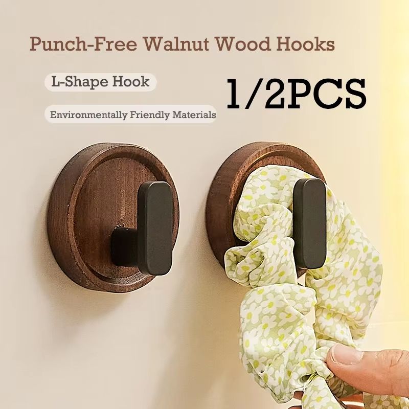 PunchFree Walnut Wood Wall Hooks Circular Coat Key And Towel Hook Organizer For Bathroom Kitchen An 0