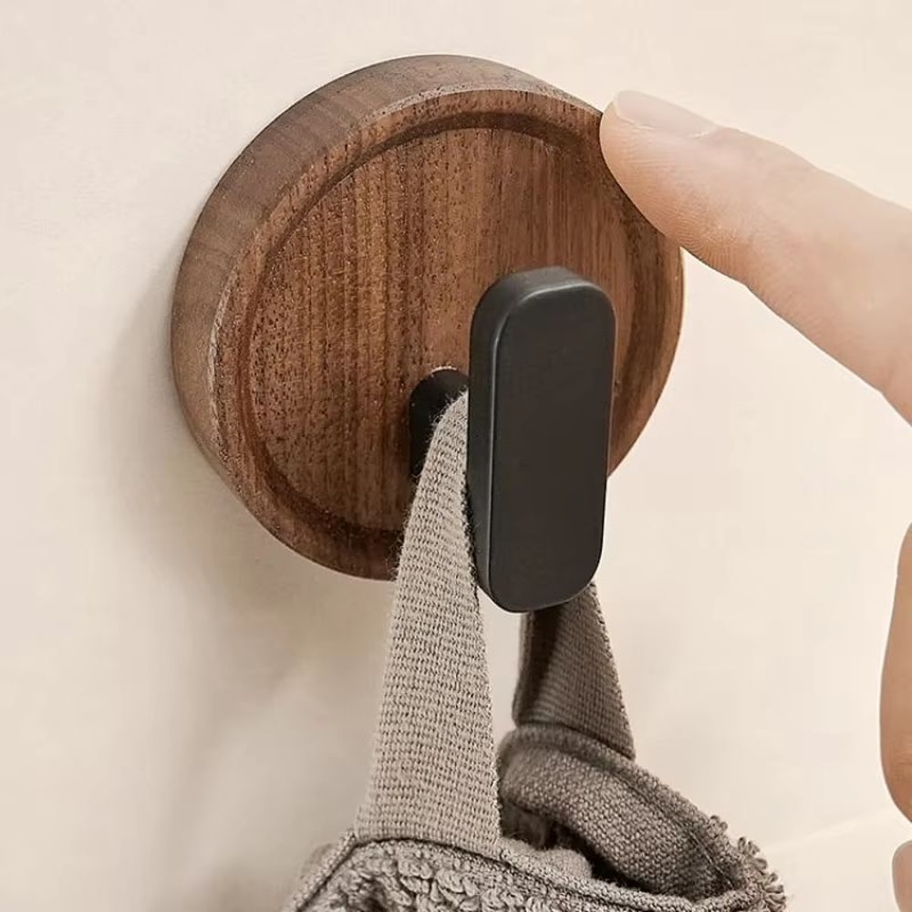 PunchFree Walnut Wood Wall Hooks Circular Coat Key And Towel Hook Organizer For Bathroom Kitchen An 1