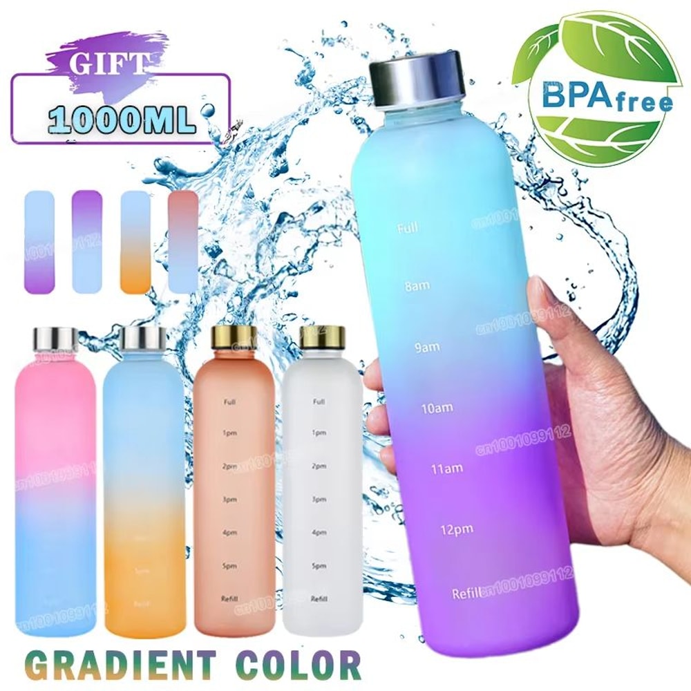 1L Water Bottle With Time Marker Leakproof Frosted Sports Bottle For Gym Fitness Outdoor And Travel 0