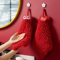 3pcs cartoon red chenille hand towel hanging quick dry kitchen towel set for bathroom and home cleaning
