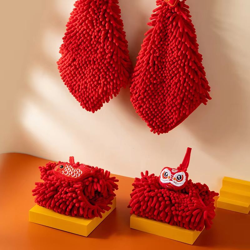 3PCS Cartoon Red Chenille Hand Towel Hanging Quick Dry Kitchen Towel Set For Bathroom And Home Clea 1