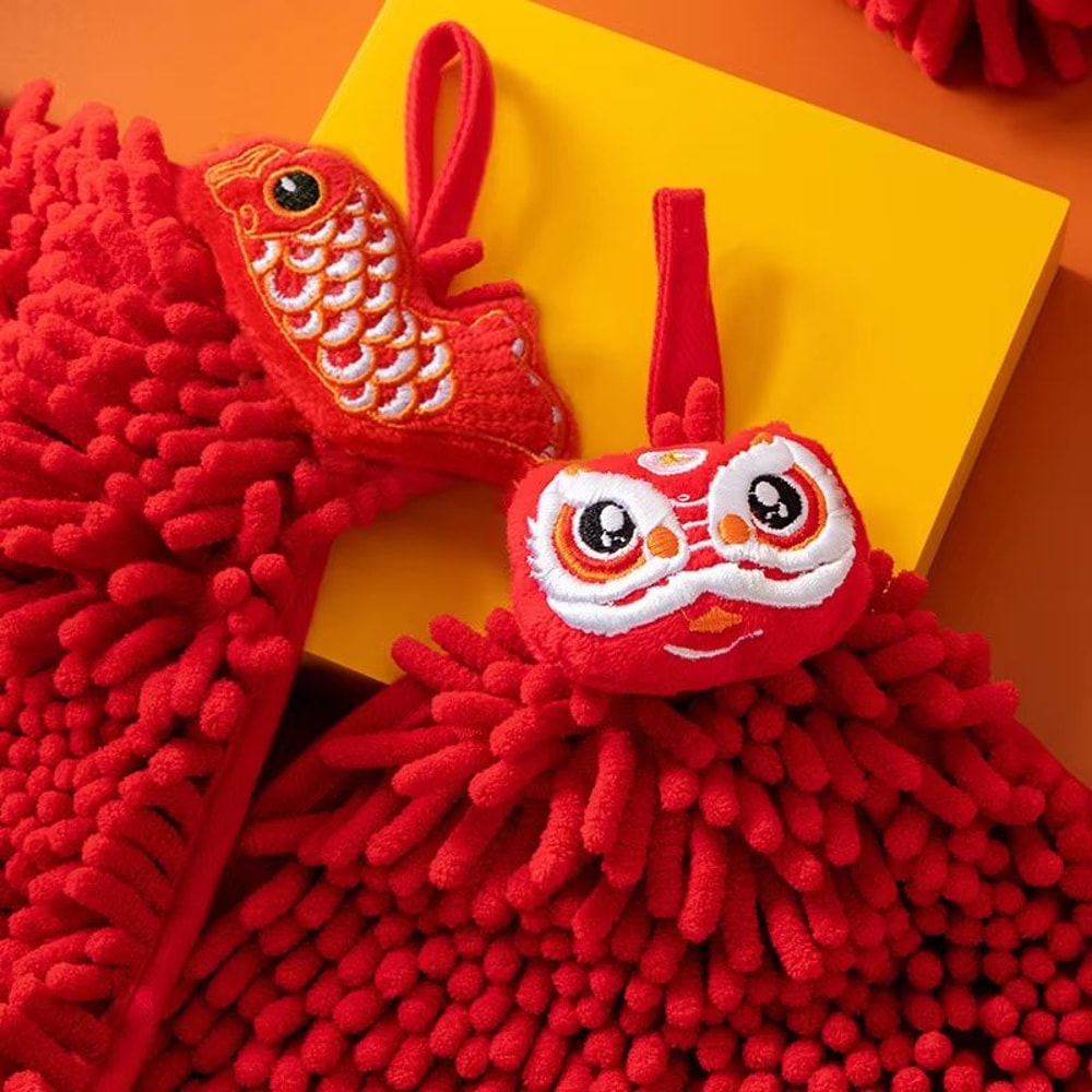 3PCS Cartoon Red Chenille Hand Towel Hanging Quick Dry Kitchen Towel Set For Bathroom And Home Clea 2