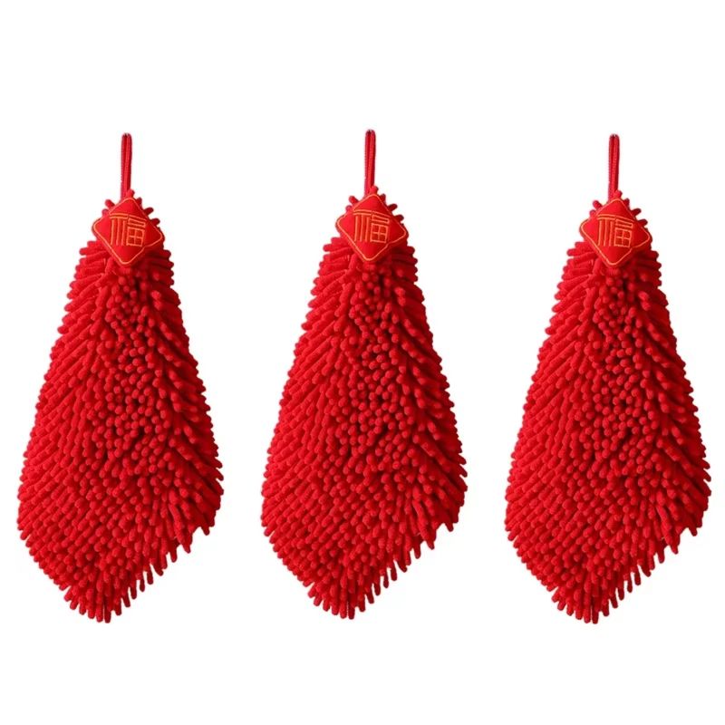 3PCS Cartoon Red Chenille Hand Towel Hanging Quick Dry Kitchen Towel Set For Bathroom And Home Clea 6