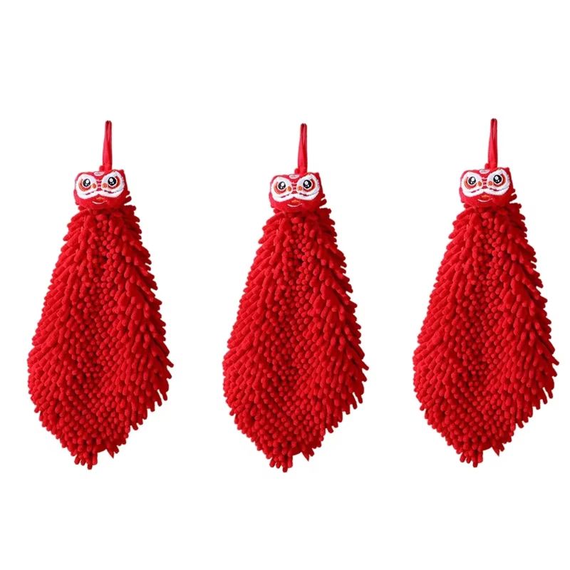 3PCS Cartoon Red Chenille Hand Towel Hanging Quick Dry Kitchen Towel Set For Bathroom And Home Clea 7