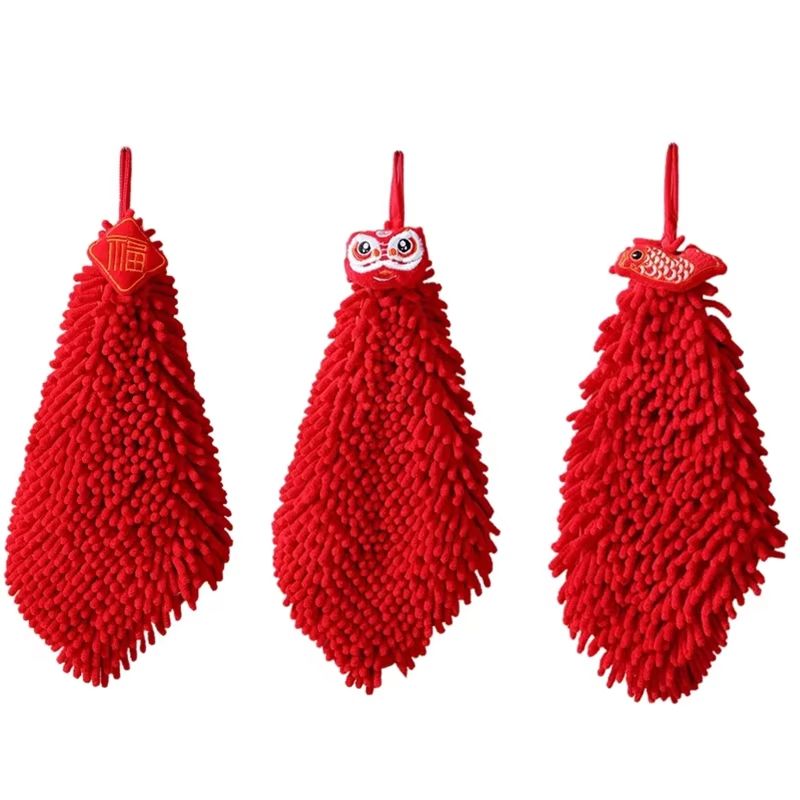 3PCS Cartoon Red Chenille Hand Towel Hanging Quick Dry Kitchen Towel Set For Bathroom And Home Clea 9