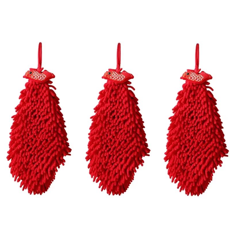 3PCS Cartoon Red Chenille Hand Towel Hanging Quick Dry Kitchen Towel Set For Bathroom And Home Clea 8