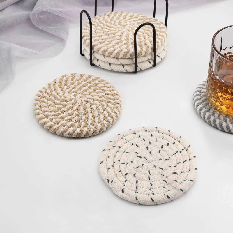 8Pcs Absorbent Woven Fabric Cup Coaster Set With Holder Farmhouse Drink Coasters For Coffee And Tea 1