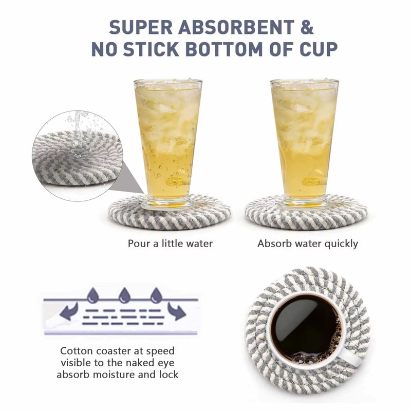 8Pcs Absorbent Woven Fabric Cup Coaster Set With Holder Farmhouse Drink Coasters For Coffee And Tea 2