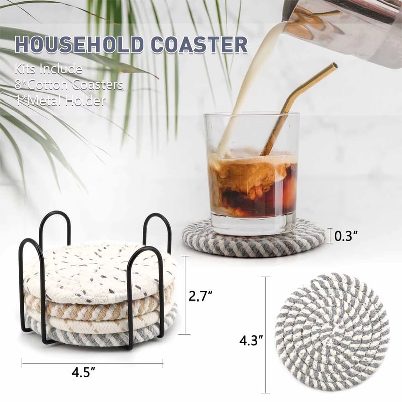 8Pcs Absorbent Woven Fabric Cup Coaster Set With Holder Farmhouse Drink Coasters For Coffee And Tea 4