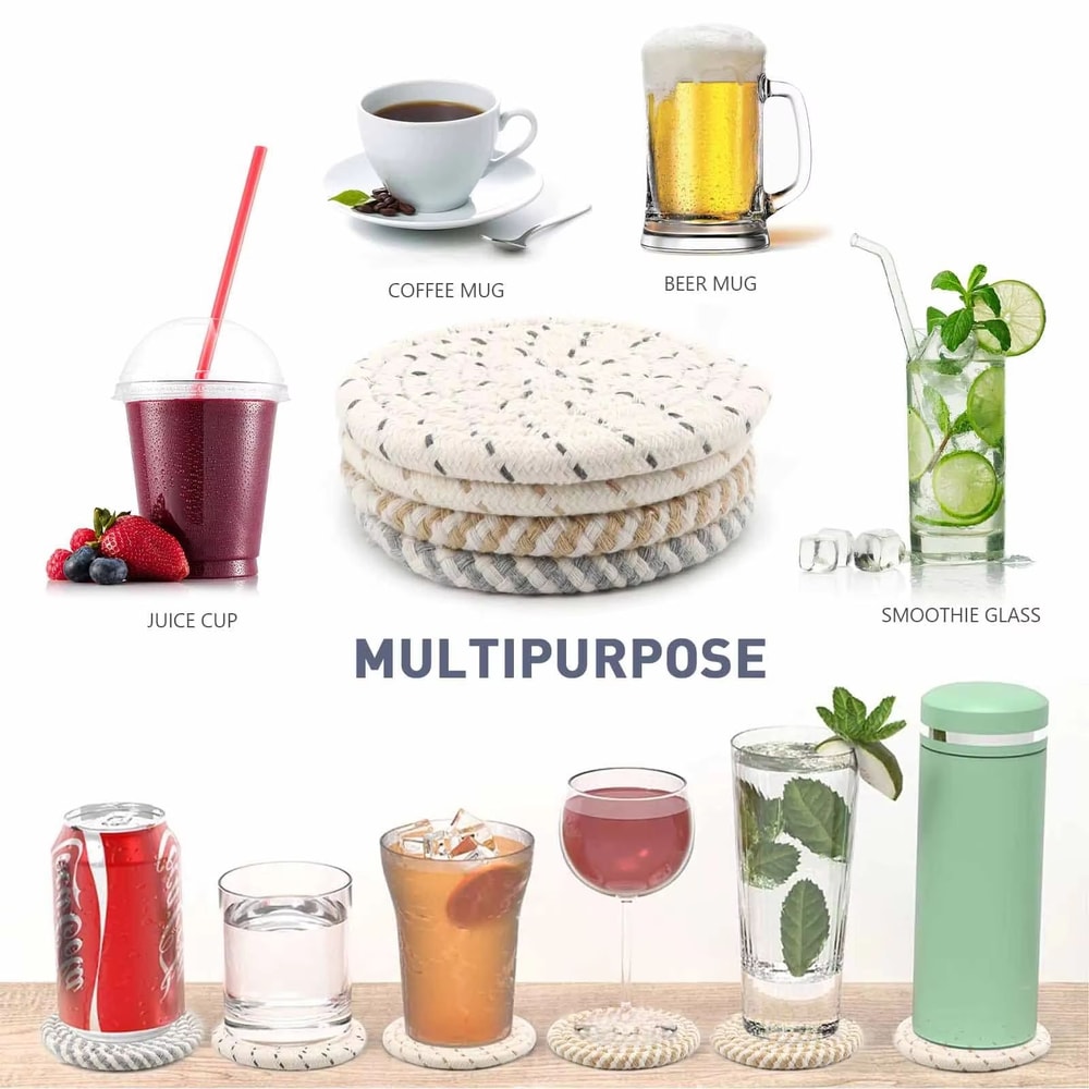 8Pcs Absorbent Woven Fabric Cup Coaster Set With Holder Farmhouse Drink Coasters For Coffee And Tea 5