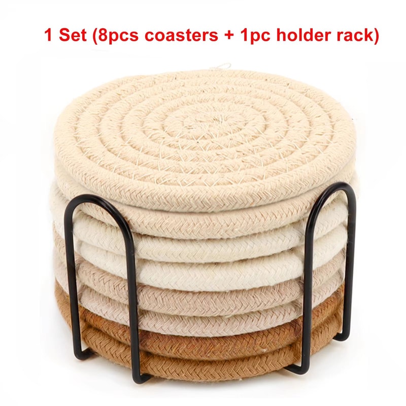 8Pcs Absorbent Woven Fabric Cup Coaster Set With Holder Farmhouse Drink Coasters For Coffee And Tea 6