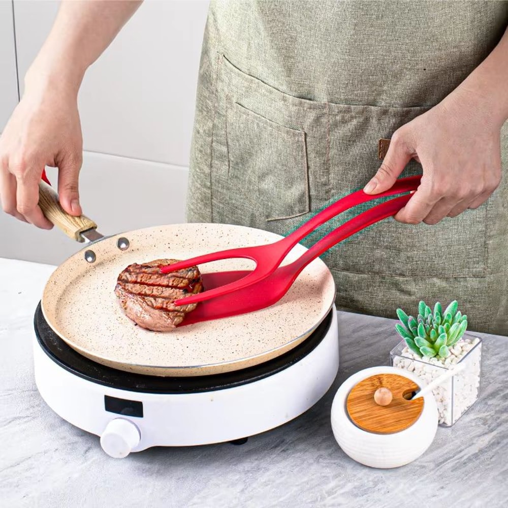 2 In 1 Nylon Frying Spatula Tongs Fried Egg Flipper For Steak Pancakes And Toast 4