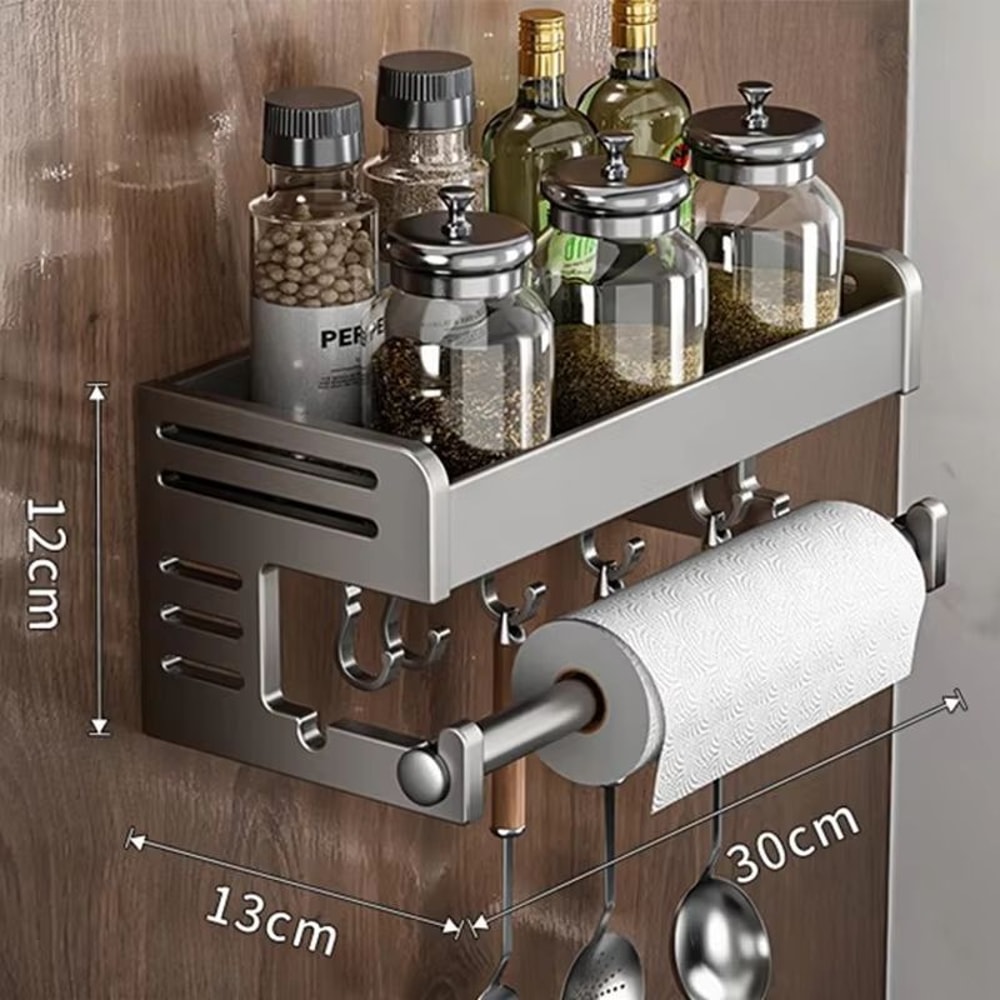 WallMounted Kitchen Storage Rack With Hooks And Seasoning Shelf Organizer 6