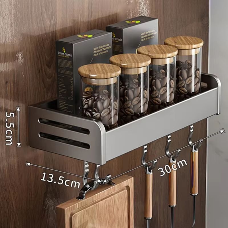 WallMounted Kitchen Storage Rack With Hooks And Seasoning Shelf Organizer 7