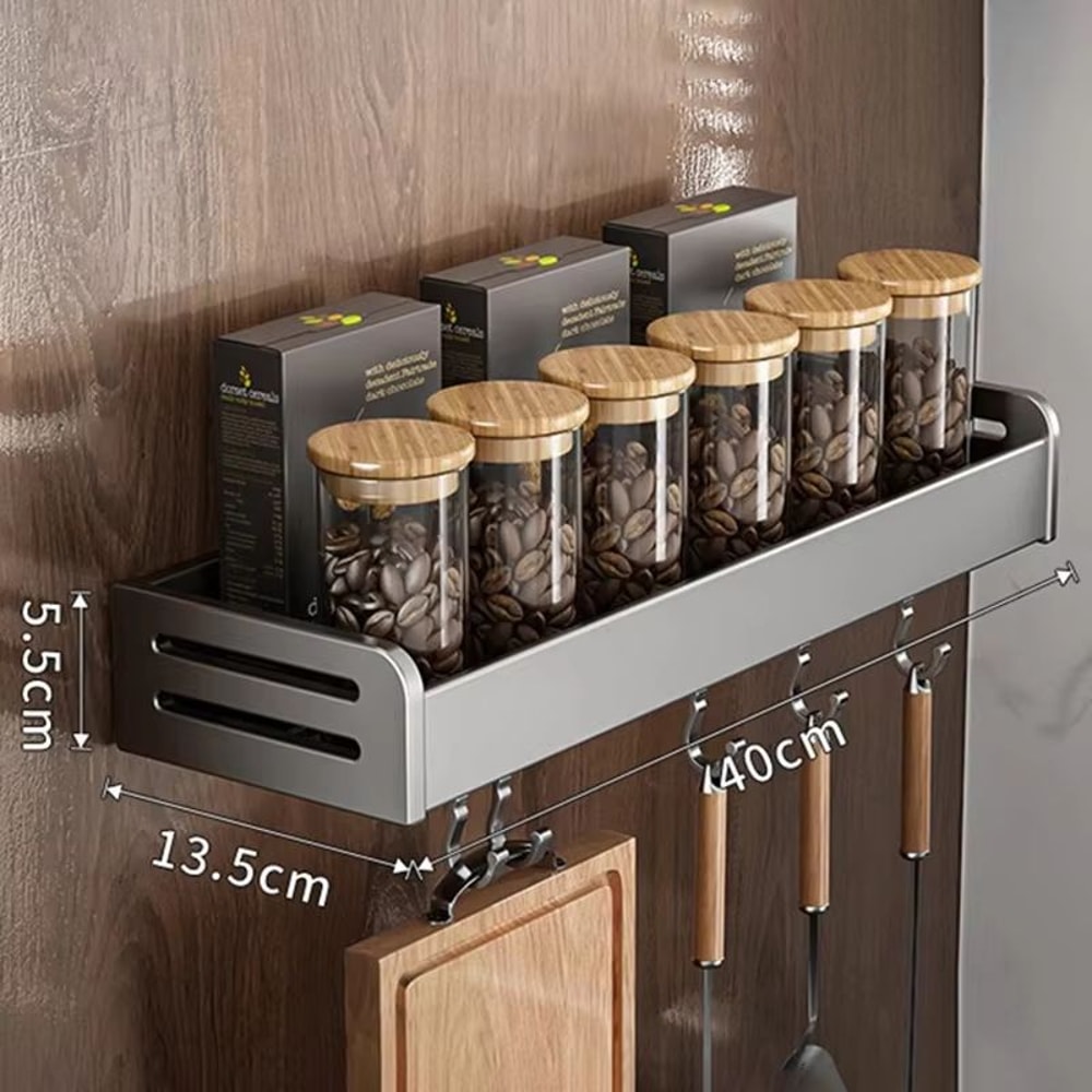 WallMounted Kitchen Storage Rack With Hooks And Seasoning Shelf Organizer 8