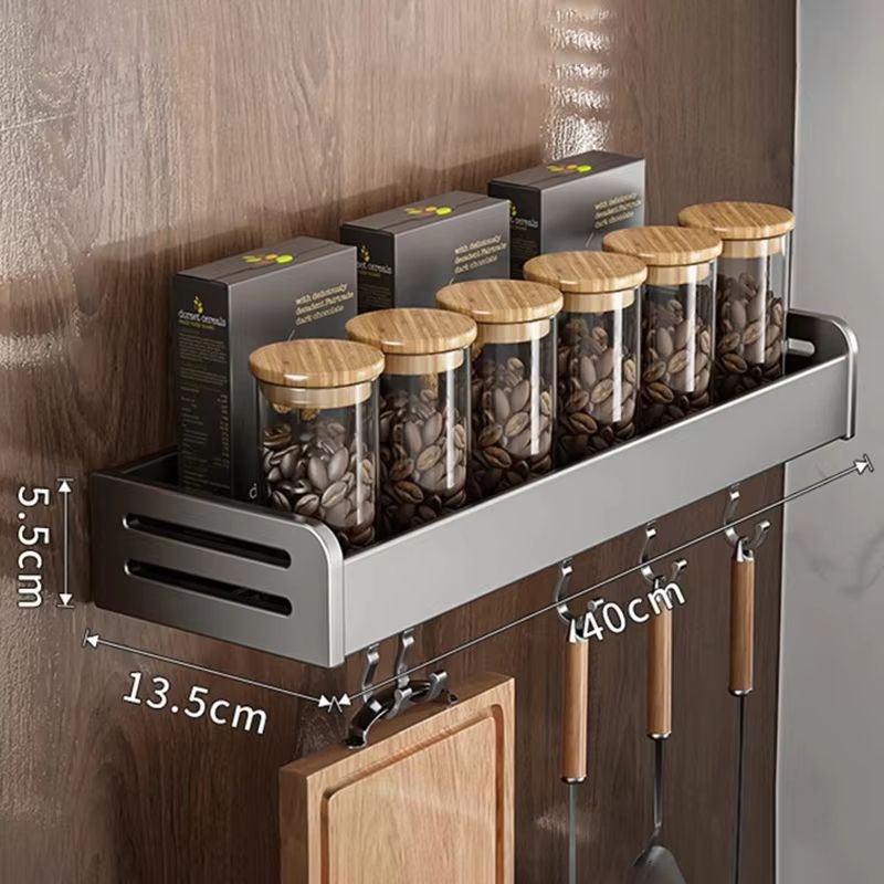 WallMounted Kitchen Storage Rack With Hooks And Seasoning Shelf Organizer 8