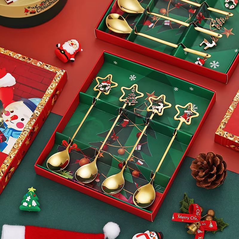 4PCS Christmas Coffee Spoon Set Gold Stainless Steel Festive Tableware 0