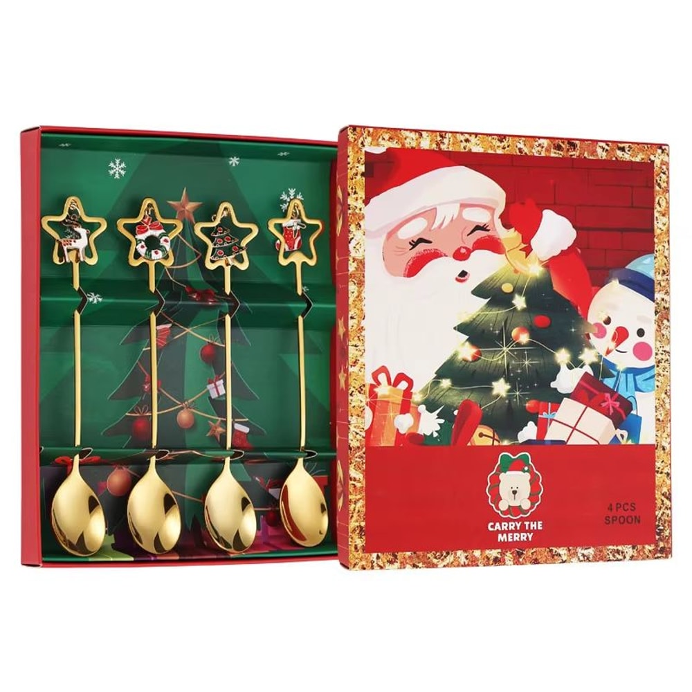 4PCS Christmas Coffee Spoon Set Gold Stainless Steel Festive Tableware 4