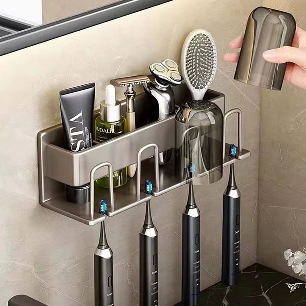 Aluminum Wall Mounted Punch Free Toothbrush And Toothpaste Holder Metal Bathroom Storage Rack 0