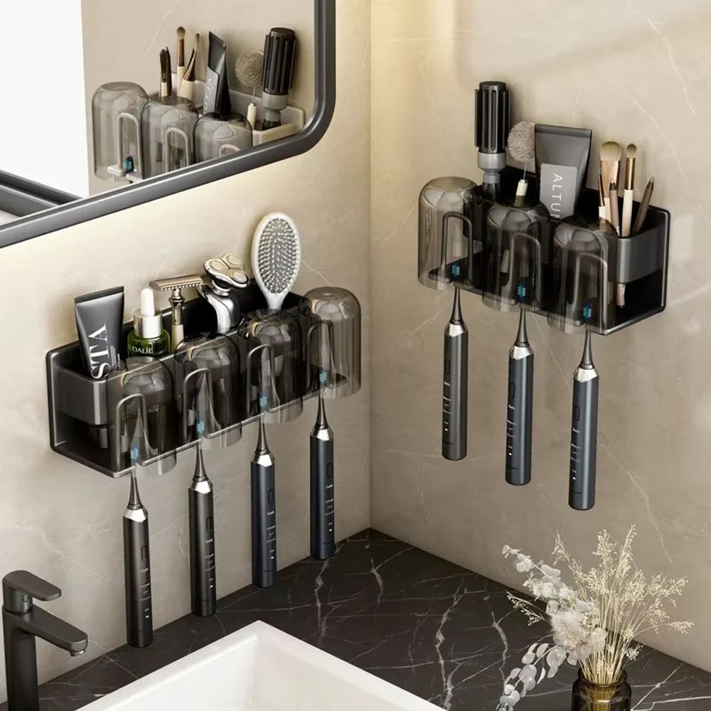 Aluminum Wall Mounted Punch Free Toothbrush And Toothpaste Holder Metal Bathroom Storage Rack 1