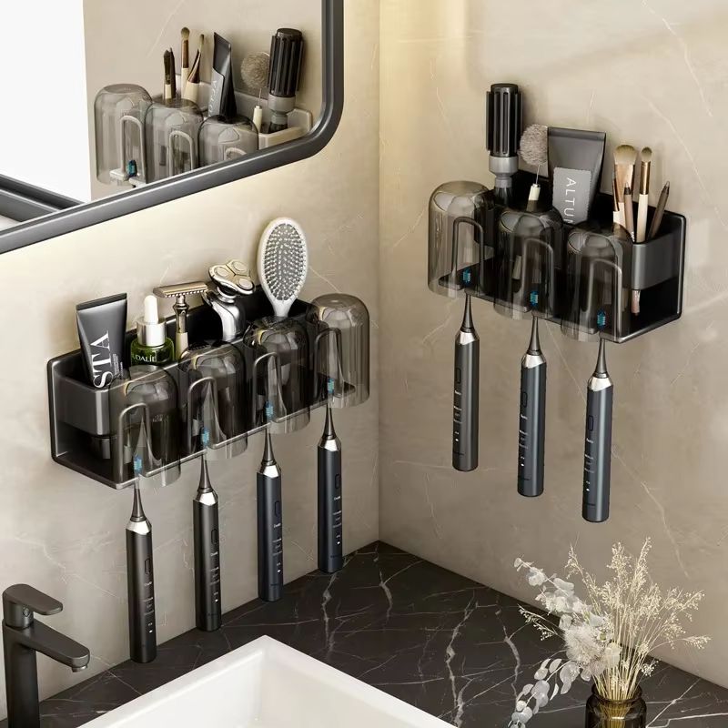 Aluminum Wall Mounted Punch Free Toothbrush And Toothpaste Holder Metal Bathroom Storage Rack 1