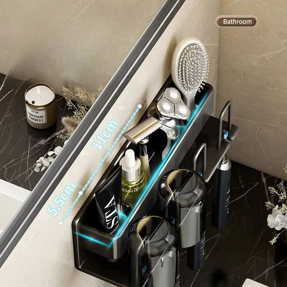 Aluminum Wall Mounted Punch Free Toothbrush And Toothpaste Holder Metal Bathroom Storage Rack 3