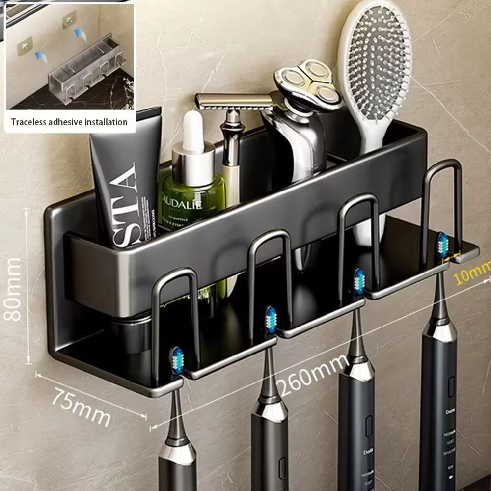 Aluminum Wall Mounted Punch Free Toothbrush And Toothpaste Holder Metal Bathroom Storage Rack 5