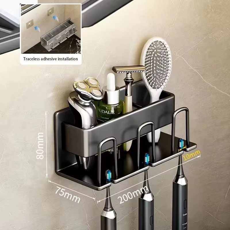 Aluminum Wall Mounted Punch Free Toothbrush And Toothpaste Holder Metal Bathroom Storage Rack 7