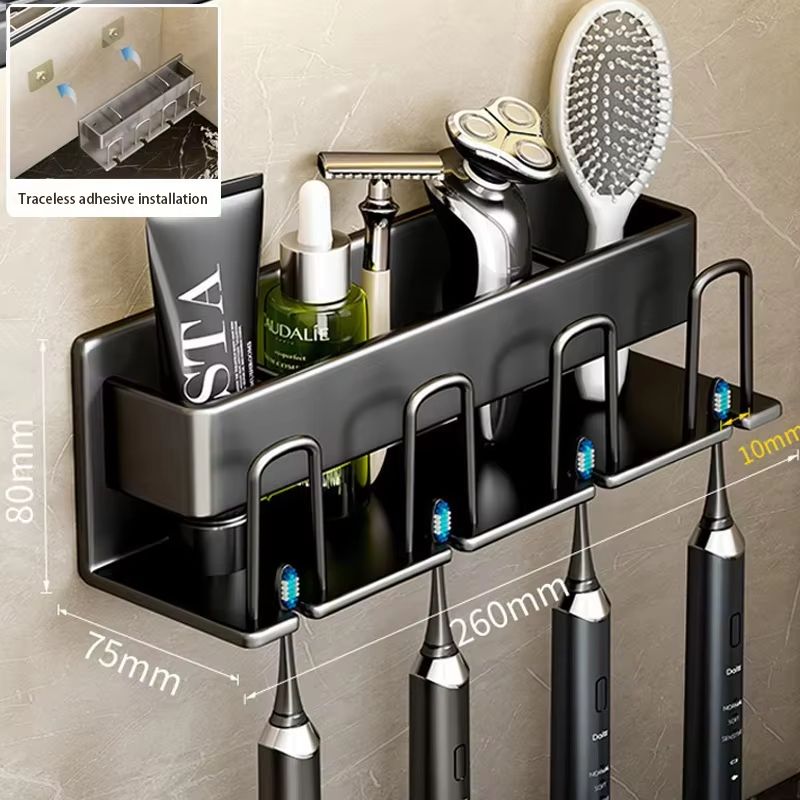 Aluminum Wall Mounted Punch Free Toothbrush And Toothpaste Holder Metal Bathroom Storage Rack 8