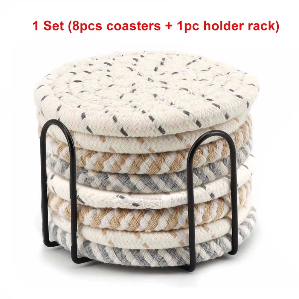 8 Piece Woven Drink Coaster Set With Holder High Temperature Resistant Absorbent Coasters 2