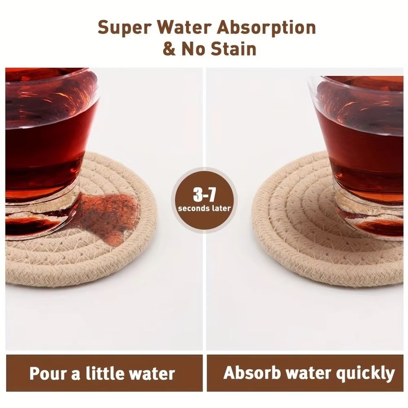 8 Piece Woven Drink Coaster Set With Holder High Temperature Resistant Absorbent Coasters 3