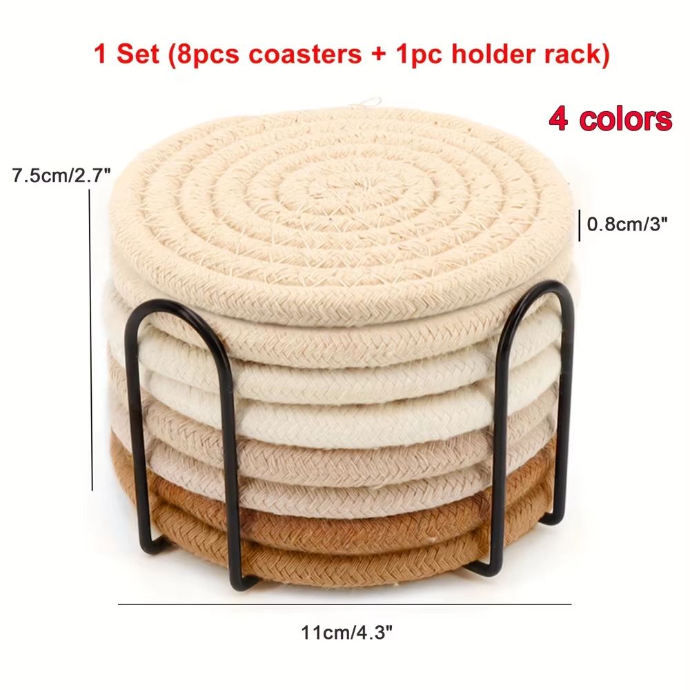 8 Piece Woven Drink Coaster Set With Holder High Temperature Resistant Absorbent Coasters 7