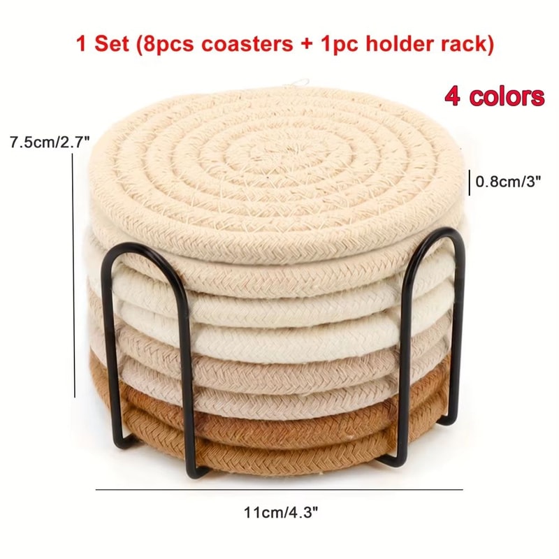 8 Piece Woven Drink Coaster Set With Holder High Temperature Resistant Absorbent Coasters 7