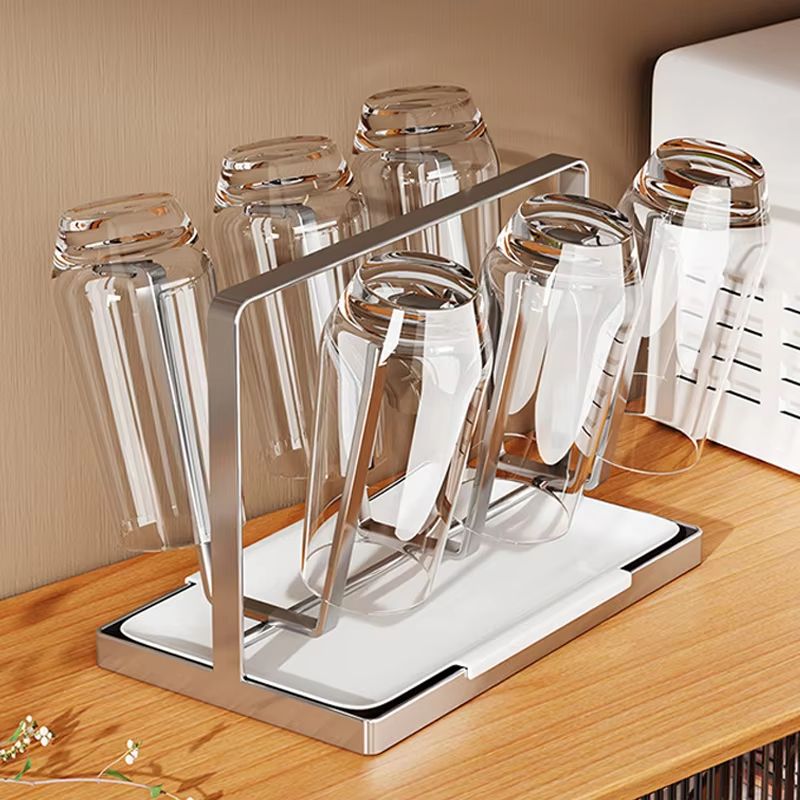 Stainless Steel Cup Holder With Drip Tray AntiSlip DustProof Glass Cup Stand 0