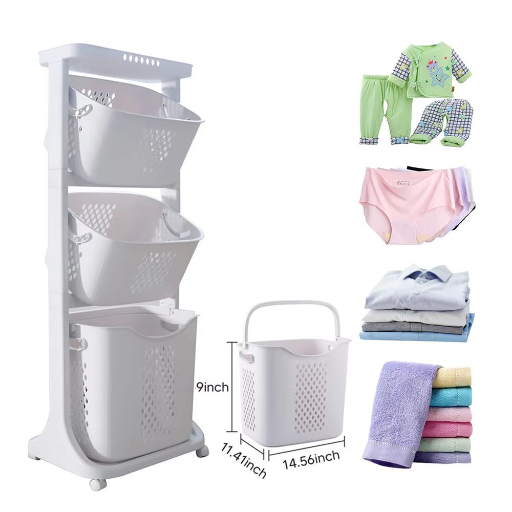 3 Tier Rolling Laundry Hamper Cart With 3 Removable Baskets Portable Laundry Sorter For Bathroom An