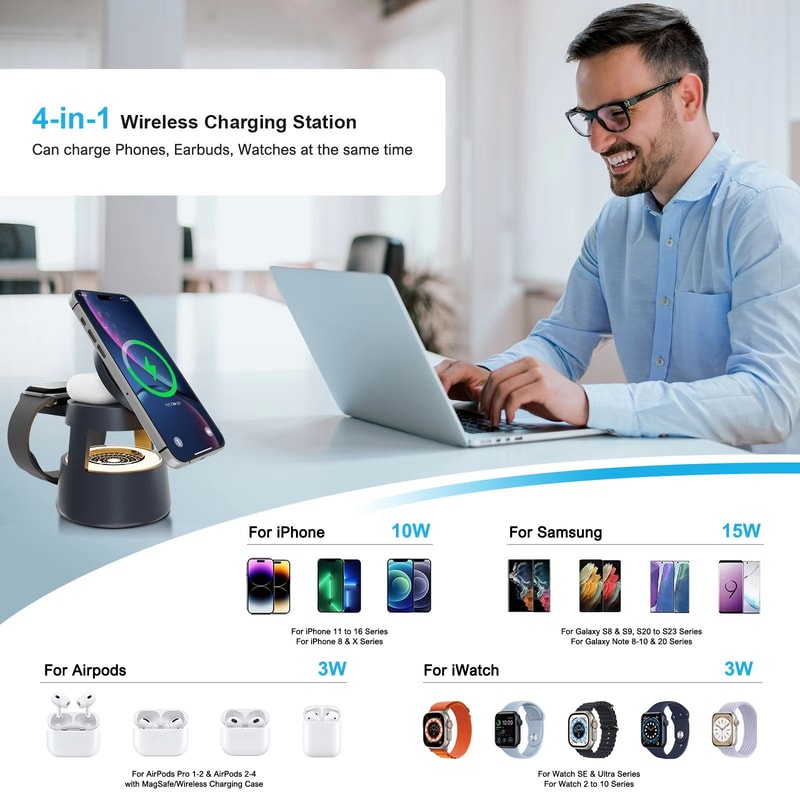 4 In 1 Magnetic Wireless Charging Station 15W Foldable With Night Light For IPhone Apple Watch Ultr 2