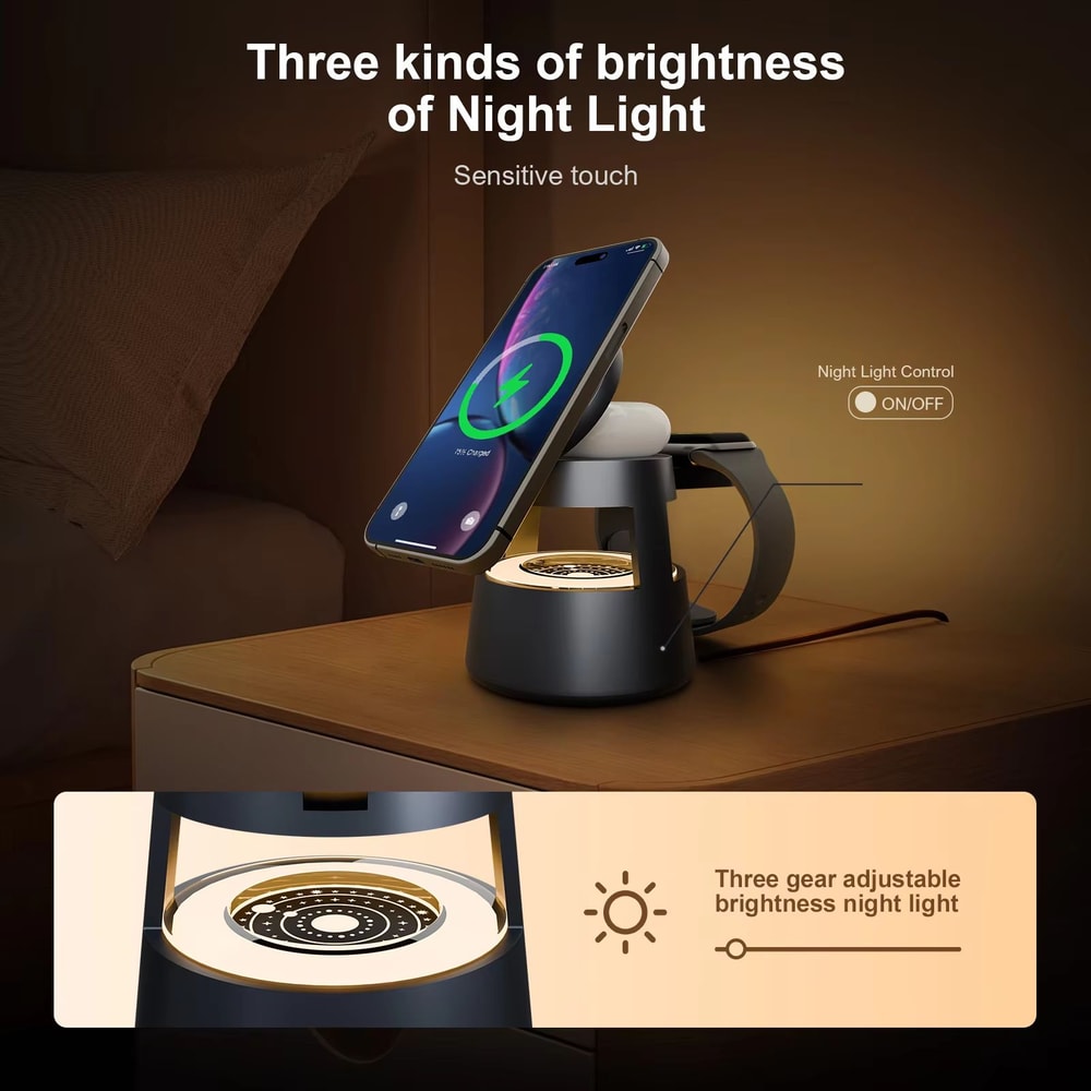 4 In 1 Magnetic Wireless Charging Station 15W Foldable With Night Light For IPhone Apple Watch Ultr 3